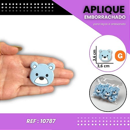 Aplique Emborrachado Para Laços - Safari Animais Rosto Ursinho Azul Ref: 10787