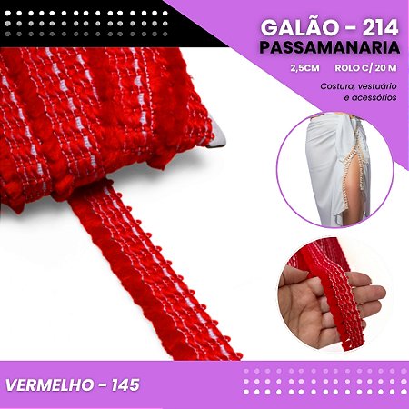 Galão Passamanaria de Franja - 25mm - GALAO-214 Rolo C/20 Metros COR:VERMELHO-145