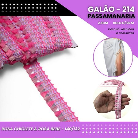 Galão Passamanaria de Franja - 25mm - GALAO-214 Rolo C/20 Metros COR:ROSA-CHICLETE E ROSA-BEBE - 140/132