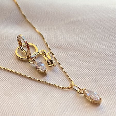 Conjunto Colar e Brinco Zircônia Banhado Em Ouro 18K