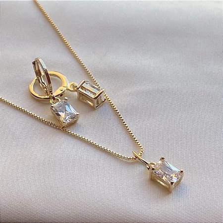 Conjunto Colar e Brinco Baguete  Banhado Em Ouro 18K