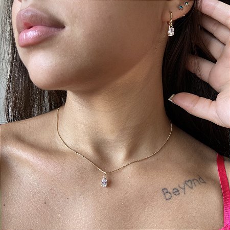 Conjunto Colar e Brinco Oval Banhado Em Ouro 18k