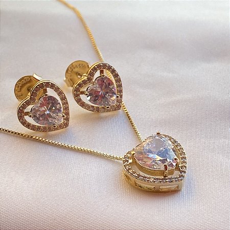 Conjunto Colar e Brinco Coração Cristal Banhado Em Ouro 18K