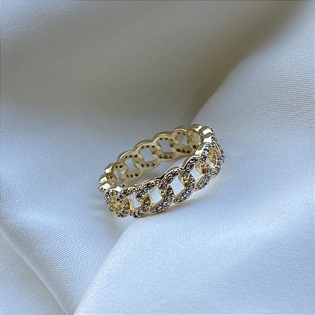 Anel De Corrente Cravejado Banhado em Ouro 18k