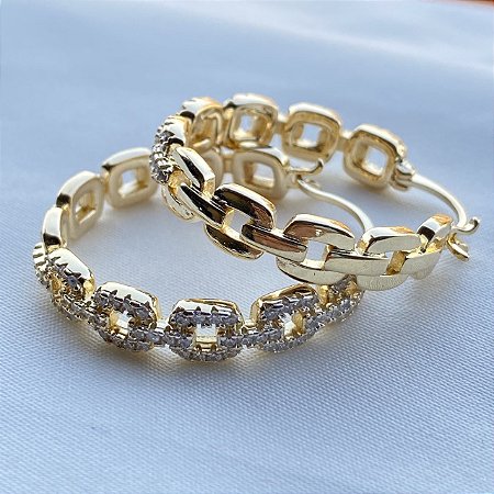 Brinco Corrente Cravejado Banhado Em Ouro 18K