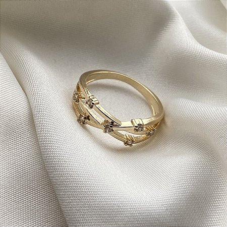 Anel Trançado Zircônia Banhado Em Ouro 18k