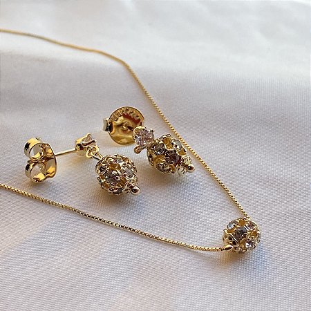 Conjunto Colar e Brinco Bola Cravejada Banhado Em Ouro 18k