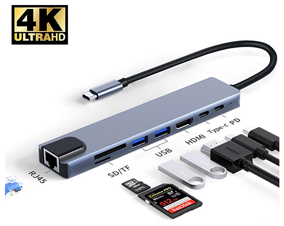 Hub USB Tipo C 8 em 1 - HDMi, Leitor de Cartão, RJ 45, Portas USB's