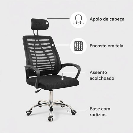 Cadeira Escritório Diretor Tela Mesh Com Encosto De Cabeça
