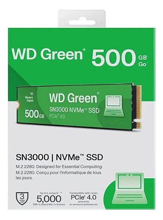 SSD NVME WD Green 500GB, PCIe 4.0 - Leitura 5000MB/s, Gravacao 4100MB/s