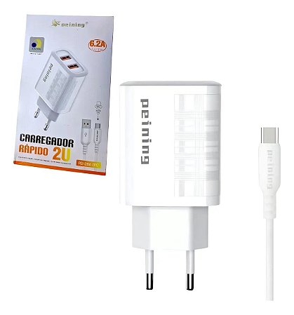 Turbo Carregador Duplo Usb 6.2a Com Cabo Tipo-c