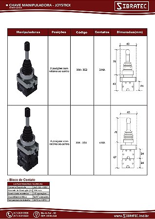 MANIPULADOR JOYSTICK XM 3E2 2 POSICOES RETORNO 22MM SIBRATEC