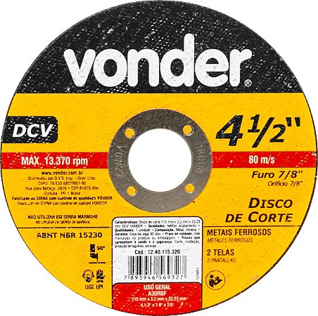 DISCO DE CORTE METAL DCV 115 X 3,2 X 22,23  VONDER