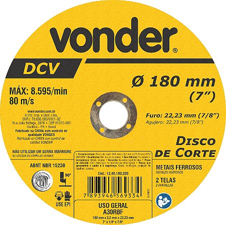 DISCO DE CORTE METAL DCV 180 X 3,2 X 22,23 VONDER