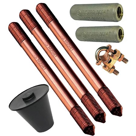 KIT 3 HASTE TERRA 5/8"X2,4M C/ROSCA PROLONGAVEL + GRAMPO CONECTOR HASTE 5/8 REFORÇADO + LUVA EMENDA HASTE 5/8
