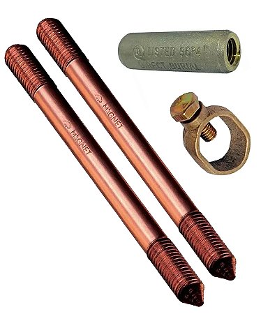 KIT 2 HASTE TERRA 5/8"X2,4M C/ROSCA PROLONGAVEL + GRAMPO CONECTOR  HASTE  5/8 REFORÇADO + LUVA EMENDA HASTE 5/8