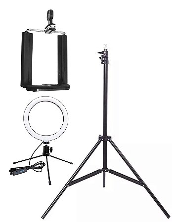 KIT TRIPÉ PRÓ 2,00M PEDESTAL + RING LIGHT + SUPORTE CELULAR