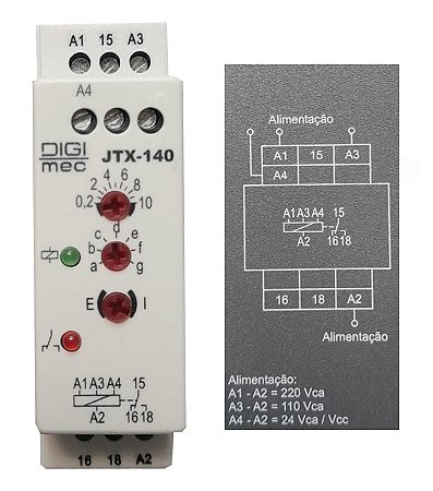 RELE TEMPO DUPLA FUNÇÃO JTX-140110 220VCA 24VCA/VCC DIGIMEC