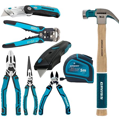 KIT PROFISSIONAL GROSS ALICATES, MARTELO, TRENA E ESTILETES