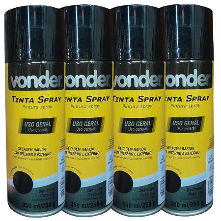 KIT 04 TINTA SPRAY PRETO BRILHANTE 350ML VONDER