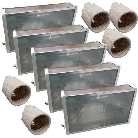 KIT 05 REFLETOR 150W RCM + 05 RECEPTACULO PORCELANA E27