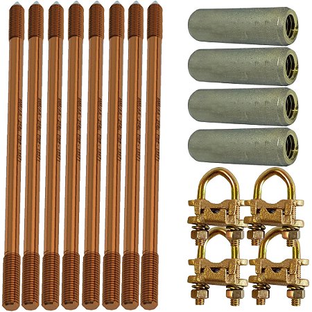 KIT 08 HASTE ALTA CAMADA ATERRAMENTO 5/8 PROLONGAVEL + 04 LUVA+ 04 CONECTOR GTDU