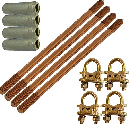 KIT 04 HASTE COBREADA ALTA CAMADA ATERRAMENTO 5/8 PROLONGAVEL + 2 GRAMPO GTDU