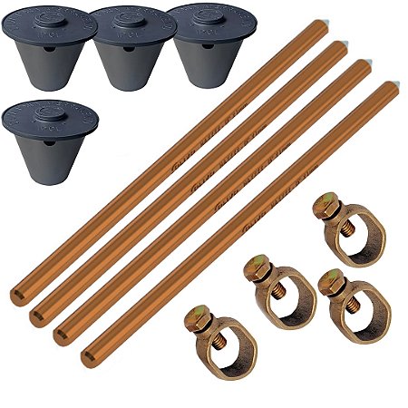 KIT 04 HASTE COBREADA ALTA CAMADA ATERRAMENTO 5/8 14,3MMX2,4M+03 GRAMPO+CAIXA DE INSPEÇÃO
