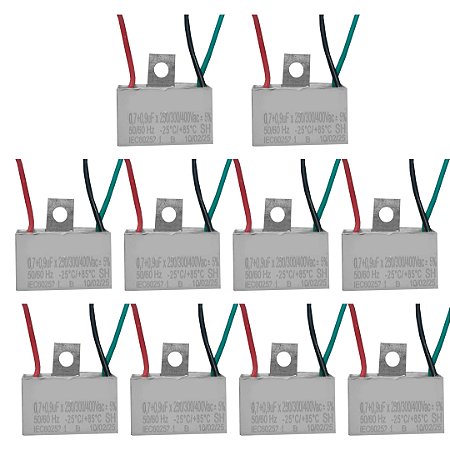 KIT 10 CAPACITOR 3 FIOS 0,7 0,9 UF X 250/400 V CHAPA TRIO