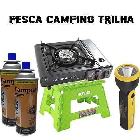 KIT PESCA FOGAREIRO + 2 REFIL GÁS + LANTERNA + BANCO