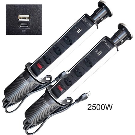 KIT 02 TORRE TOMADA EMBUTIR RETRÁTIL MESA USB TIPO C