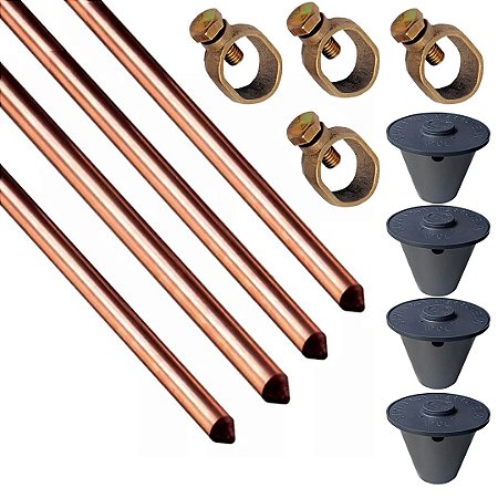 Kit 4Haste Aterra Cobre 1/2X2,0mts 10mm+ 4 Grampo+ 4 Caixa
