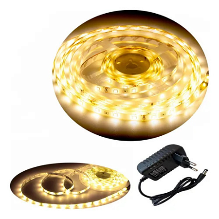 FITA SUPER LED ROLO 5M 3528 BRANCO QUENTE DUPLA FACE + FONTE