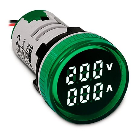 VOLTIMETRO E AMPERIMETRO DIGITAL 500VCA 100A VERDE 22MM