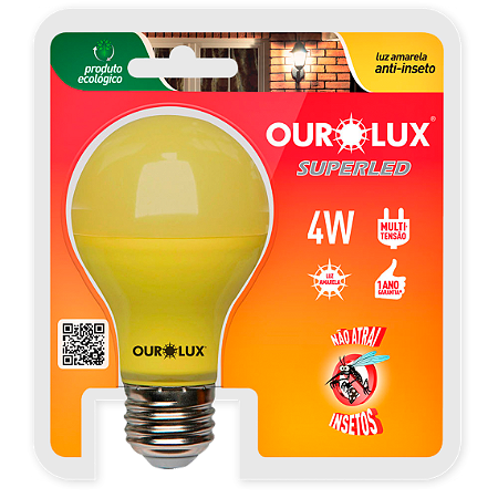 KIT 5 LAMPADA SUPERLED ANTI INSETO 4W BRANCO QUENTE BIVOLT E27 OUROLUX