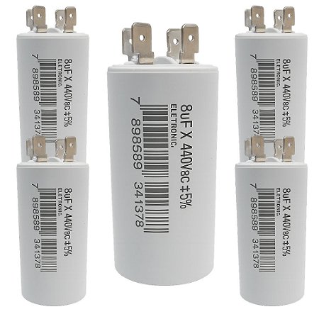 KIT 5 CAPACITOR 8uF 440V PERMANENTE METALIZADO C/ TERMINAL USO GERAL