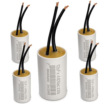 KIT 5 CAPACITOR 12uF 440V 2 FIOS METALIZADO TRIO USO GERAL EM MOTORES