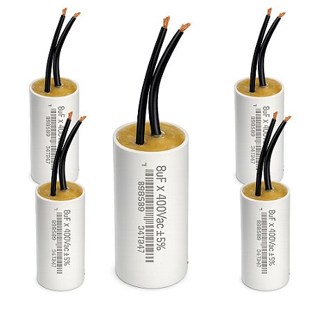 KIT 5 CAPACITOR 2 FIOS METALIZADO 8 UF X 440V PARA MOTORES EM GERAL