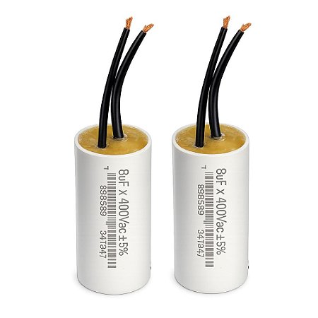 KIT 2 CAPACITOR 8uF 380/400V 2 FIOS METALIZADO TRIO PARA MOTOR MONOFASICO