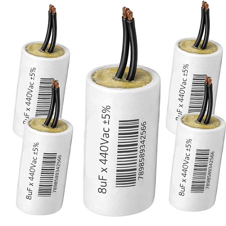 KIT 5 CAPACITOR METALIZADO 8uF 440V 2 FIOS TRIO ALTA DURABILIDADE