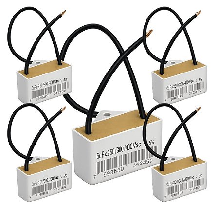 KIT 5 CAPACITOR 2 FIOS 6 UF X 250/300/400 QUADRADO C/ SUPORTE PLASTICO TRIO
