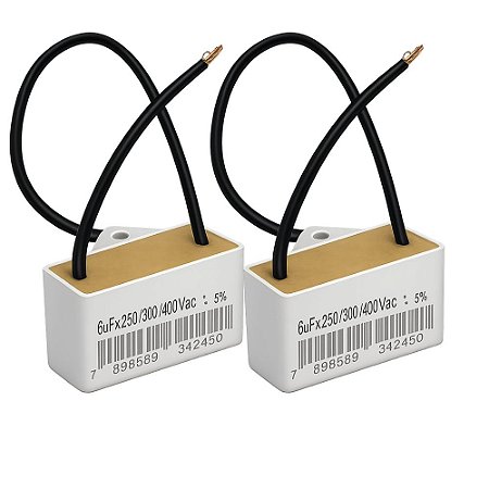 KIT 2 CAPACITOR 2 FIOS 6 UF X 250/300/400 QUADRADO C/ SUPORTE PLASTICO TRIO