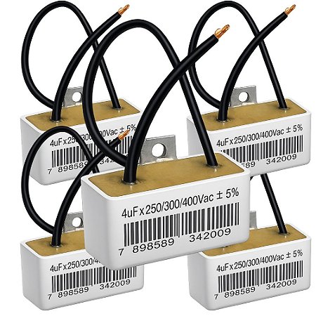 KIT 5 CAPACITOR 2 FIOS QUADRADO 4UF X 250/300/400V C/ CHAPA TRIO