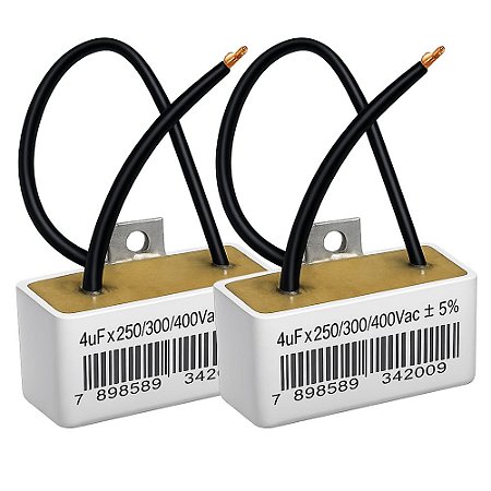 KIT 2 CAPACITOR PERMANENTE 4uF 250/300/400V 2 FIOS QUADRADO TRIO C/ CHAPA