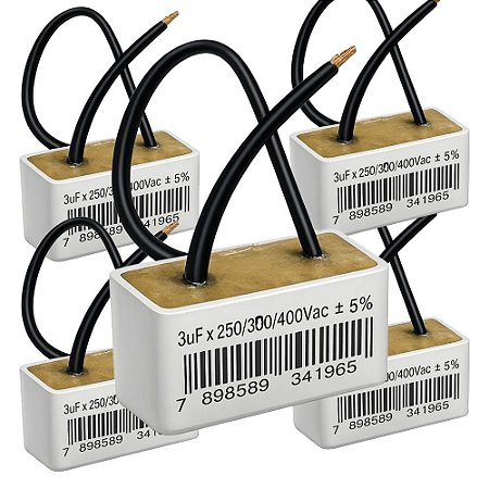 KIT 5 CAPACITOR 2 FIOS METALIZADO 3 UF X 250/300/400V QUADRADRO TRIO