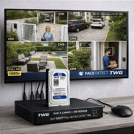 DVR 4 CANAIS + HD500GB 6X1 1080P FULL HD FACE DETECT TWG