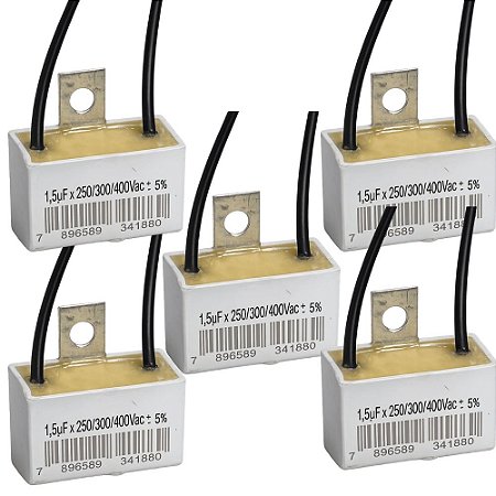 KIT 5 CAPACITOR 2 FIOS QUADRADO 1,5 UF X 250/300/400V CHAPA TRIO