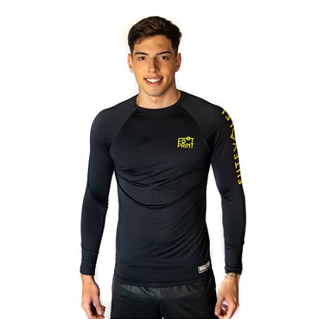 Blusa Treino Manga Longa Futevôlei Masculina Poliamida Preta e Amarela