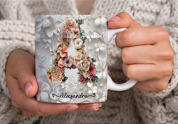 Caneca Porcelana 325ml Personalizada Letra Floral