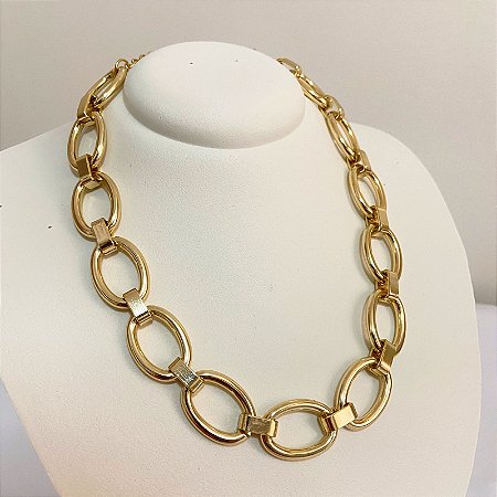 Colar Corrente Argola Achatadas Dourada Grossa